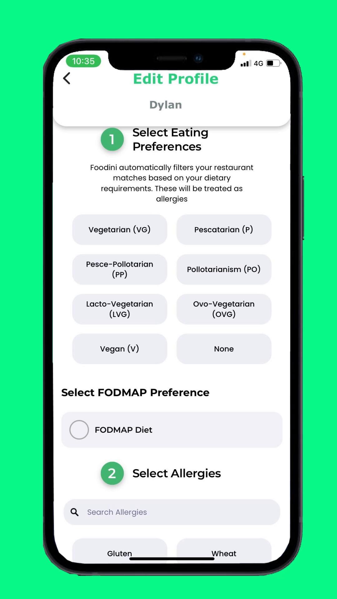 Foodini Mobile Menu select